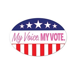 My Voice. My Vote. Peel 'N Place is the perfect decal to show the world that you have exercised your right to vote, and your voice has been heard! Printed with the stars & stripes pattern in red, white, and blue and the phrase "My Voice. MY VOTE" in pink.