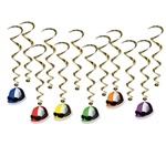Get your Derby guests in the mood for the race with these fun Jockey Helmet Whirls.  Completely assembled, each package contains six 17.5 inch gold whirls and six 30.5" gold whirls with jockey helmet danglers printed both sides on cardstock.