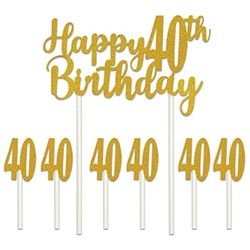 Our Happy 40th Birthday cakes topper set will add that something extra to your guest of honor's cake!  &#8203;Set includes one 6" x 8.25" Happy 40th Birthday topper and six 1" x 3.5" number 40's. Toppers are also great for memory and scrap books! &#8203;