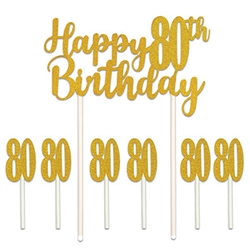 Celebrate a milestone and say Happy 80th" Birthday in style with our Happy 80th Birthday cakes topper! Set includes one 6" x 8.25" Happy 80th Birthday topper and six 1" x 3.5" number 80's. Toppers are also great for memory and scrap books!