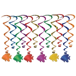 There's nothing fishy here, except for these vibrantly colorful Fish Whirls!  Each package contain 12 fully assembled whirls - six 17.5 inch whirls and six 32" long whirls with foil fish danglers.