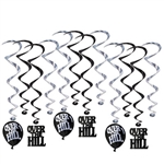 Each package contains 6 17.5 inch whirls and 6 32 inch whirls with danglers.  The danglers include 3 each Over the Hill balloon cutouts and Over The Hill letter cutouts.  Danglers are 6.5 inches tall.  Easy to hang with included plastic hook. and reusable