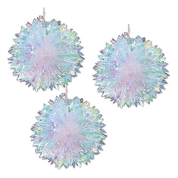 These 16" diameter iridescent fluff balls will add ad color, gleam and movement to your next party when you hang them.  Sold three per package, these classy hanging decorations are sure to become an instant classic.