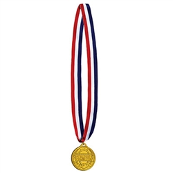 Honor your participants with this classic gold medal on a red, white and blue ribbon.  The molded plastic medal is 2 inches in diameter and hung from a 30 inch ribbon.