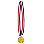 Honor your participants with this classic gold medal on a red, white and blue ribbon.  The molded plastic medal is 2 inches in diameter and hung from a 30 inch ribbon.