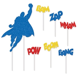 Your birthday party will be up, up, and away with these colorful Hero Cake Topper decorations!  Each package includes seven pieces - one caped Hero topper measuring 7"x9.5" and 6 word bursts measuring 2.25"x3.5".