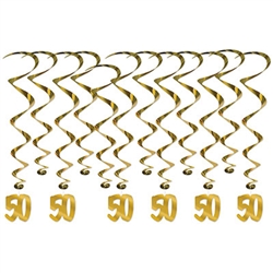 Celebrating a 50th anniversary?  Add these bright, colorful and interesting 50th Anniversary Whirls to your decorating plans.  Each package contains 12 whirls, six 17.5" long plain whirls and six 32" long whirls with foil 50 danglers.
