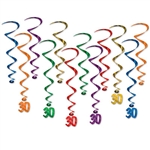 Multi colored whirls come 12 to a pack. There are six 17.5 inch whirls and six 32 inch whirls with "30" danglers attached. Completely assembled and easy to hang with the attached hook!