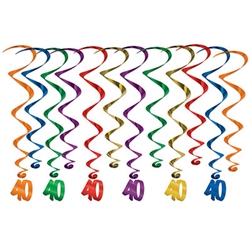 Instagram ready! These multi colored whirls come 12 to a pack. There are six 17.5 inch whirls and six 32 inch whirls with "40" danglers attached. Completely assembled and easy to hang with the attached hook!