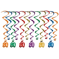 Make your 8th decade Instagram ready!  These multi colored whirls come 12 to a pack. There are six 17.5 inch whirls and six 32 inch whirls with "80" danglers attached. 
Completely assembled and easy to hang with the attached hook!