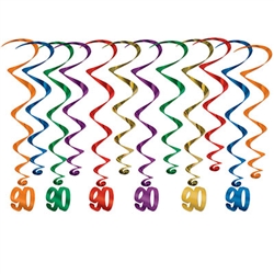 Every decade deserves a celebration, these whirls are sure to help make your 9th decade Instagram ready!  These multi colored whirls come 12 to a pack. There are six 17.5 inch whirls and six 32 inch whirls with "90" danglers attached.