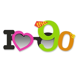 <h1>I Love The 90's Glasses</h1>
Give all your guests a 90's view of the world with theses fun I Love The 90's Glasses.  They'll be great fun at the party and a lasting memory for all your guests to take along!  Sold one per package.