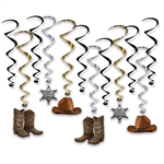 Planning a western themed party and need that special something to add the finishing touch? These Western Whirls Hanging Decorations are just what you're looking for.
Each package contains 6 17.5" long whirls and 6 32.5" long whirls with danglers.