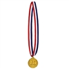 Honor your participants with this classic gold medal on a red, white and blue ribbon.  The molded plastic medal is 2 inches in diameter and hung from a 30 inch ribbon.