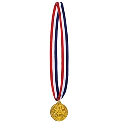 Honor your participants with this classic gold medal on a red, white and blue ribbon.  The molded plastic medal is 2 inches in diameter and hung from a 30 inch ribbon.