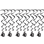 Add a strikingly bold touch of class to your birthday celebration with these Black 60th Birthday Whirls. Each package comes with 12 whirls. Six are 17.5" long basic whirls, six are 32" long whirls with 6.5" tall black number 40 danglers.