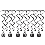 Add a strikingly bold touch of class to your birthday celebration with these Black 60th Birthday Whirls. Each package comes with 12 whirls. Six are 17.5" long basic whirls, six are 32" long whirls with 6.5" tall black number 60 danglers.