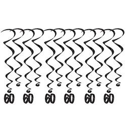 Add a strikingly bold touch of class to your birthday celebration with these Black 60th Birthday Whirls. Each package comes with 12 whirls. Six are 17.5" long basic whirls, six are 32" long whirls with 6.5" tall black number 60 danglers.