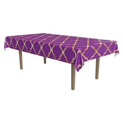 Fitting table up to 54" x 108", this plastic tablecover looks great with a gold lattice printed on a lavender field.