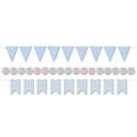 With this classy Mini Streamer Kit in Blue and Silver you'll be able to create three 6' streamers.  An easy and stylish way to finish off your party decorations!  Each package comes with nine 6" triangles, nine 5.5" ribbon end & 17 2.25" diameter circles.
