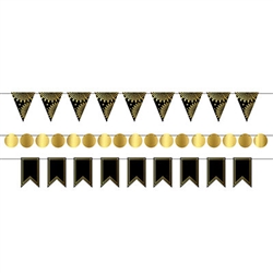 Looking for a stylish and fun accent for your party decorations?   This Black and Gold Foil Mini Streamer Kit may be just what you need.  Package includes triangle, round and ribbon-end shapes to make three 6ft streamers.