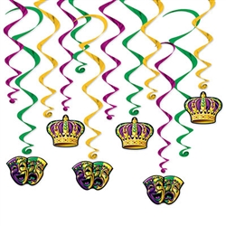 Add the excitement and fun of Bourbon St. to your Mardi Gras party with these classic Mardi Gras Whirls.  Each package comes with 12 metallic whirls in colors as shown.  Six are 17.5 inch long and six 31.5 inch long with 4 inch tall danglers.