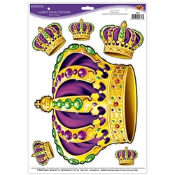 Turn your party room into a palace and let everyone be a king for the night with these Mardi Gras Crowns Peel 'N Place.  Each sheet carries 6 peel N' place royal crowns.  Crowns range in size from 2.25" x 2" to 10.25" x 12".