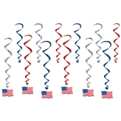Celebrate America with these classic patriotic American Flag Whirls!  They're perfect for patriotic themed parties, events, election headquarters and election watch parties. The package comes with 12 metallic whirls in red, silver and blue as shown.
