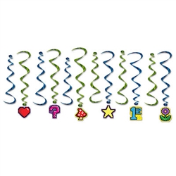 Take your party old-school with a classic 8-Bit theme!  This 12 piece set of 8-Bit Whirls ads color, fun and movement in a style perfect for a retro 80's themed party.  Package includes 6 x 17.5 inch whirls and 6 x 35 inch whirls with hangers.