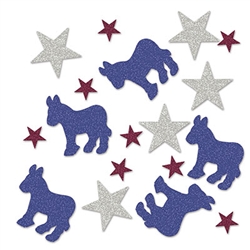 Support your candidate, your team and your country in style with this Democratic Deluxe Sparkle Confetti.  Each package has confetti ranging in size from 2 inches to .75 inches.  Great for adding sparkle and shine to table tops.