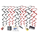 Get the party rocking and swaying with these fun, colorful and kinetic Band Whirls!  Each package come with 6 17.5 inch whirls in red and black and six 33.25 red and black whirls with attached danglers.  Easy to hang with attached hook, reusable with care