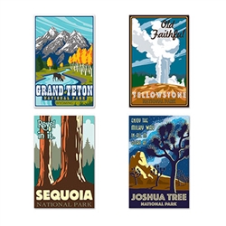 Celebrate the beauty and majesty of America with these colorful and stylish Travel America National Park Poster Cutouts.  4 pieces perppkg. Each poster is two sided, featuring two of our greatest national parks.