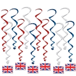 Evey British themed party needs Union Jack.  With these British Flag Whirls you get the flag plus motion, color and depth and interest as a bonus!  Sold 12 per package, includes 6 x 17.5 inch plain whirls and 6 x 31 inch whirls with Union Jack danglers.
