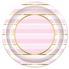 Add class and color to your celebration with these Striped Plates in Pink, White and Gold. Each package contains 8  nine inch diameter plates. Please Note: Plates are not microwave safe.