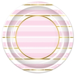 Add class and color to your celebration with these Striped Plates in Pink, White and Gold. Each package contains 8  nine inch diameter plates. Please Note: Plates are not microwave safe.