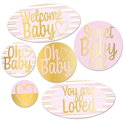 Here's a great, tasteful and fun way to say "Welcome Baby" at your baby shower party!
These bright and visually interesting foil cutouts add the perfect finishing touch to your decor.
Printed both sides, the cutouts range in size from 5 to 13.75 inches