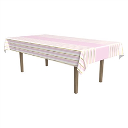 Whether you're decorating for a 1st birthday celebration, baby shower, or just want a striking table cover; this Striped Tablecover in Pink, White and Gold will be perfect.  It measures 54 inches wide by 108 inches long.  It's made of plastic.