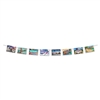 comes with 8 9 inch by 6 inch postcards celebrating classic American locals including Mt. Rushmore, The Golden Gate Bridge, St. Louis Arch, Las Vegas, Vail, Chicago, Waikiki Beach and Miami.  Comes complete with 12 feet of cord for hanging the postcards.