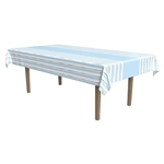 Whether you're decorating for a 1st birthday celebration, baby shower, or just want a striking table cover; this Striped Tablecover in Blue, White and Silver
will be perfect.  Measures 54 inches wide by 108 inches long. Spill resistant.
