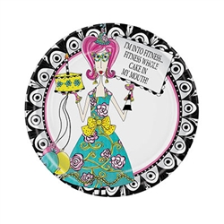 Bet you didn't know Dolly Mama was into fitness . . .Of course it's in her own tongue-in-cheek style.  You 'll be smiling as you set your serving table and so will your guests with these fun colorful plates.    Sold 8 - 9 inch plates per package.