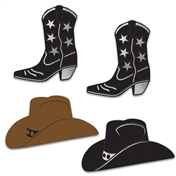 You're sure to win "Hoe Down" of the year when you include these Foil Cowboy Hat & Boot Silhouettes in your Western Themed party decorations!  Each package comes with 4 pieces, and each piece is printed both sides.