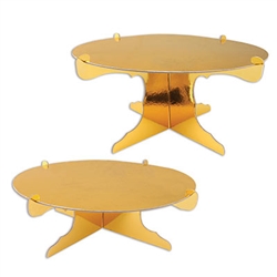 No matter what you're celebrating, this Metallic Cake Stand will add an elegant and eye catching display to your table.  Sold 2 per package, you'll double the effect! Made of cardstock with a gold metallic foil finish. 12 inch diameter.