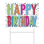 Let the world know that there's a birthday to celebrate with this colorful All Weather Happy Birthday Yard Sign.  Includes 7 1/2 inch metal stand for easy and secure placement in your yard.  Measures 11 1/2 X 15 1/2 inches.  Reusable!