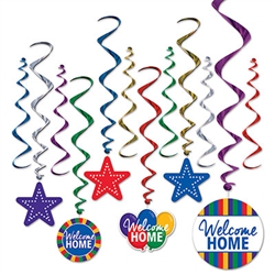 Welcome your traveler home in style with this 12 piece set of Welcome Home Whirls!  Included in the package are six plane whirls and six whirls with danglers as pictured.