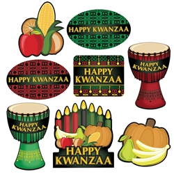 The colorful Happy Kwanza cutouts are an easy and fun addition to your Kwanza theme.  Printed both sides on high quality cardstock.  Hung on the wall, placed flat on a table, or suspended from the ceiling - they'll add the extra touch you're looking for.