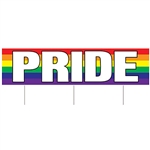 Show your PRIDE in a big way, put this All Weather Jumbo Pride Yard Sign in your front yard.  Made of corrugated plastic, includes three 15 inch long spikes for mounting in the yard.  Measures  47 inches wide and 11 3/4 inches tall.