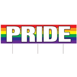 Show your PRIDE in a big way, put this All Weather Jumbo Pride Yard Sign in your front yard.  Made of corrugated plastic, includes three 15 inch long spikes for mounting in the yard.  Measures  47 inches wide and 11 3/4 inches tall.