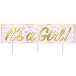 Let the neighborhood know "It's A Girl!" in a big way with this All Weather Jumbo "It's A Girl" Yard Sign. Made of corrugated plastic, includes three 15 inch long spikes for mounting in the yard. Measures 47 inches wide and 11 3/4 inches tall.