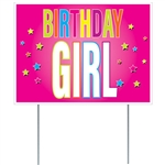 Make sure everyone knows there's a birthday girl in residence with this fun and colorful All Weather Birthday Girl Yard Sign.
Measures 11.5 inches tall by 16 inches wide.
Made of corrugated plastic, includes two 15 inch long spikes for mounting.