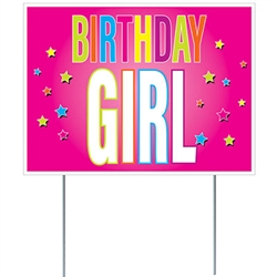 Make sure everyone knows there's a birthday girl in residence with this fun and colorful All Weather Birthday Girl Yard Sign.
Measures 11.5 inches tall by 16 inches wide.
Made of corrugated plastic, includes two 15 inch long spikes for mounting.